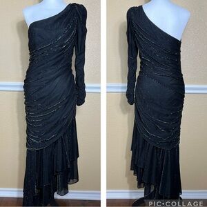 Vintage New Leaf Samir Dress Sz 9/10 One Sleeve Black Lurex Shimmer Ruched Party